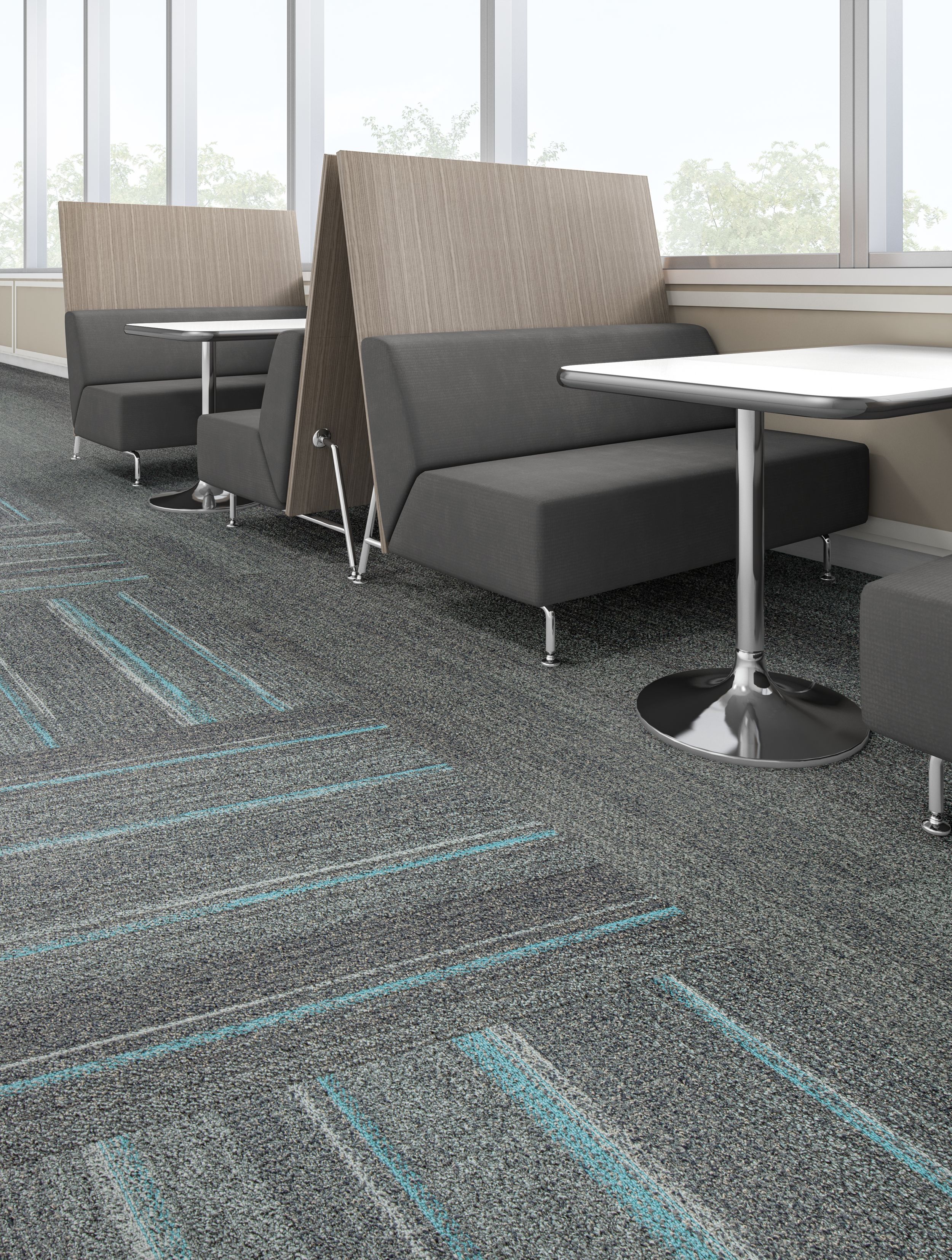 Interface Harmonize and Ground Waves plank carpet tile in cafe area with gray booths image number 7